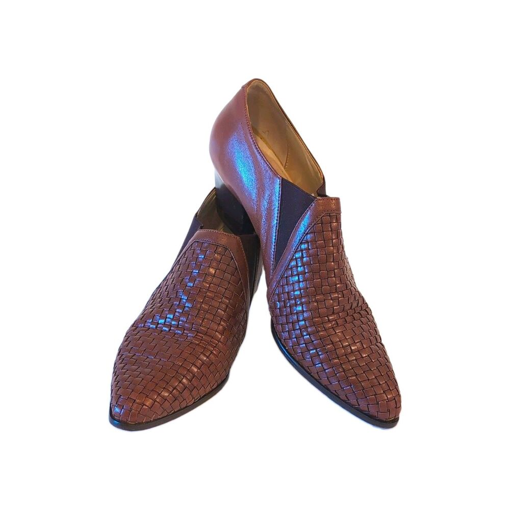 Sesto Meucci Woven Leather Pointed Toe Slip-On Heel Pumps Brown 8.5